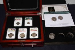 Seven USA coins, all stamped by NGC: 1927 Liberty quarter dollar, 1922 One Dollar, 1909 One Dime,