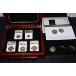 Seven USA coins, all stamped by NGC: 1927 Liberty quarter dollar, 1922 One Dollar, 1909 One Dime,