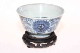 Chinese blue and white bowl with wood stand, 13.5cm diameter.