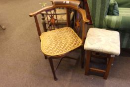 Edwardian inlaid mahogany corner elbow chair and oak stool.
