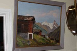 J. Warzecha, Alpine Scene, oil on canvas, signed lower right, 64cm by 78cm, in painted frame.