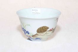 Chinese polychrome tea bowl with bird and blossom decoration, six character mark.