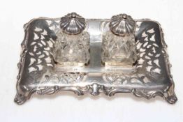 Victorian silver two bottle inkstand having pierced and engraved decoration, Sheffield 1846.