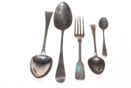 Pair George III silver tablespoons, and four other cutlery pieces.