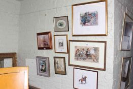 Collection of eight pictures including watercolour of Horse and Rider, oil of a Robin Redbreast,