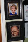 E. Tallentyre, pair portraits of Winston Churchill and Margaret Thatcher, 18cm by 13cm, framed.