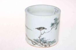 Chinese brush pot decorated with lone bird on branch and calligraphy, 11.5cm high.