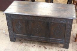 Carved oak triple panel front coffer, 51cm high by 92cm wide by 40cm deep.