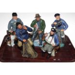 Five Royal Doulton figures, Lobster Man, Tall Story, Good Catch, Sea Harvest and The Huntsman.