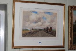 John Atkinson (1863-1924), Figures tending to the Land, watercolour, 27cm by 38cm, framed.