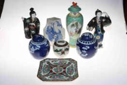 Collection of Chinese decorative wares including two figures, vases, plate and ginger jars (8).