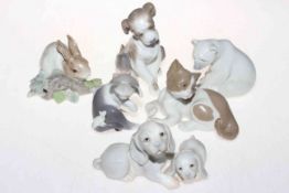 Lladro collection of six animals including cat and mouse.