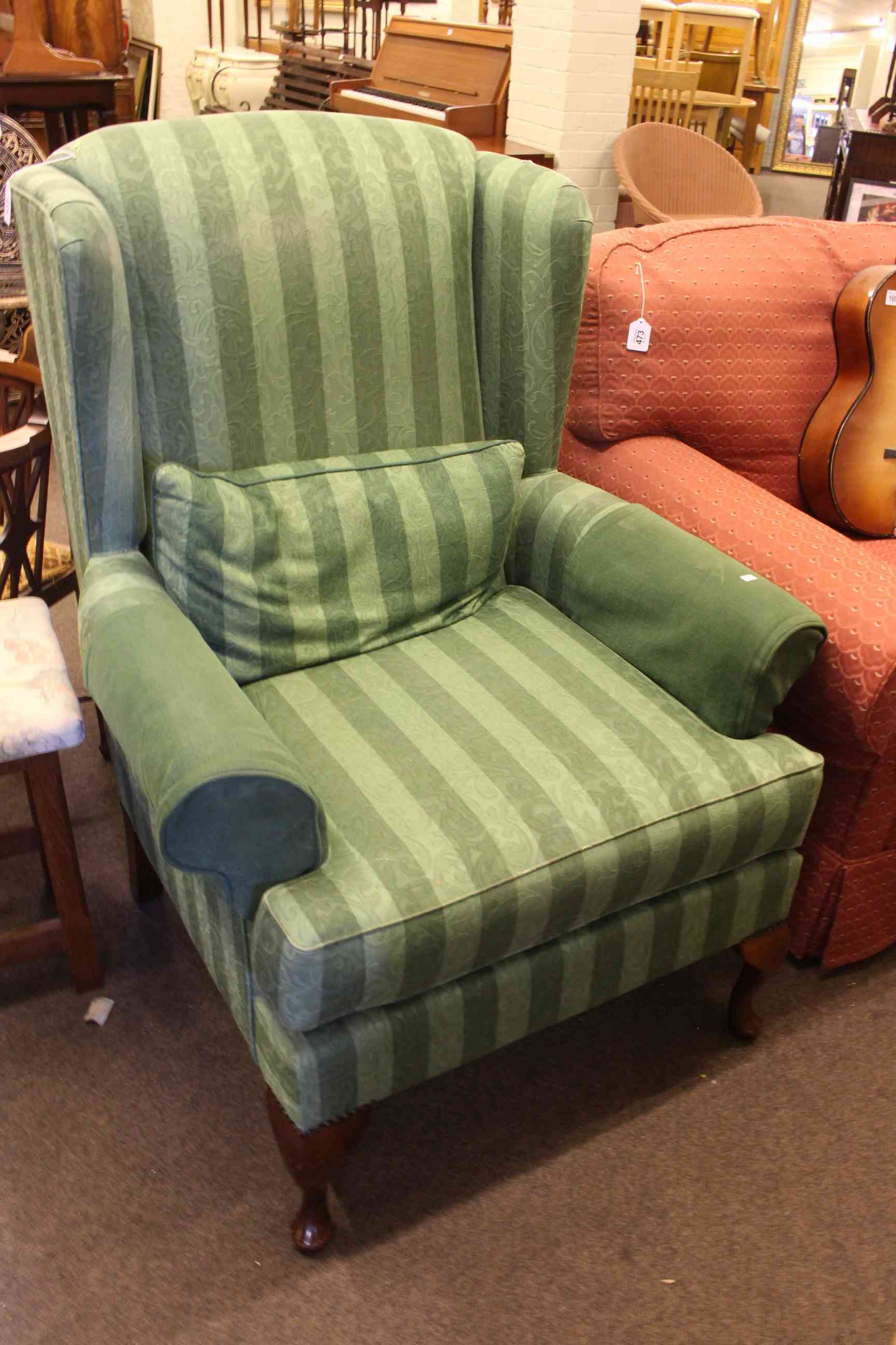 Wesley Barrel wing easy chair in green striped fabric, - Image 2 of 3