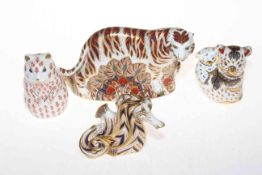 Four Royal Crown Derby paperweights, Bengal Tiger, Seahorse, Koala and Baby, and Otter.