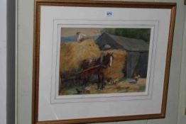 John Atkinson (1863-1924), Haytime with Hens, watercolour, 27cm by 37cm, framed.