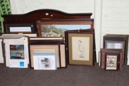 Etched overmantel mirror and large collection of prints.