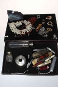 Collection of jewellery, three silver topped toilet bottles, and folding knives.