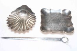 Silver letter knife, silver butter and trinket dishes.