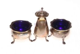Two silver open salts and pepperette (3).