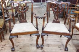 Pair mahogany Chippendale style carver chairs on ball and claw feet.