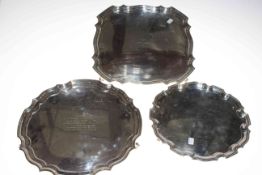 Three engraved presentation silver plated decorative dishes.