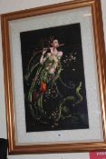 Large gilt framed needlework and silk of an Oriental maiden playing a flute, 114cm by 82cm overall.
