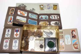 Silver pocket watch holder, coins including pre-1947 silver, cigarette cards in albums.