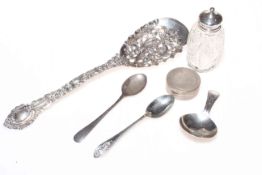 Georgian silver caddy spoon, engine-turned make-up box, cast white metal spoon,