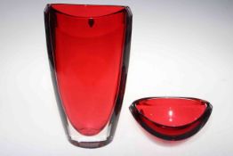 Two Waterford Eclipse Red pieces, vase 32cm high and bowl, both with boxes.