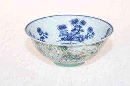 Chinese polychrome bowl having exterior four landscape panels on foliate ground and interior with