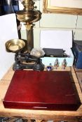 Viners six place canteen, kitchen balance scales, oil lamp, flatware and cruet.