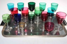 Collection of mostly Victorian ruby, blue and green glass goblets (16 pieces).