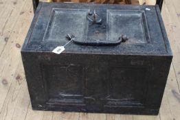 Twin handled cast iron strong box and key, 33cm high by 57cm wide by 31cm deep.