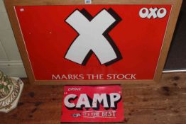 Oak framed enamel 'Oxo' sign and a reproduction 'Drink Camp' metal sign.