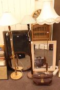 Three standard lamps and shades, three fold screen, folding notice board,