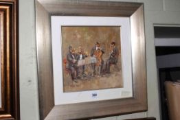 Michael Ewart (1940-), String Quartet, oil on board, 26cm by 26cm, framed.