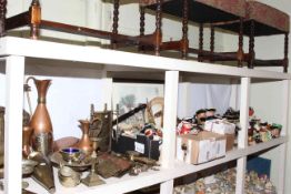 Full shelf of brass and copper, toby jugs, hunting print, Royal Grafton teaware, etc.