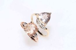 Two 9k gold rings, rose gold with serenite and zircon, and rose danburite and zircon,