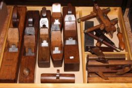 Good collection of vintage wood smoothing and moulding planes, set square and two mortise gauges,