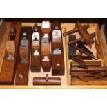 Good collection of vintage wood smoothing and moulding planes, set square and two mortise gauges,