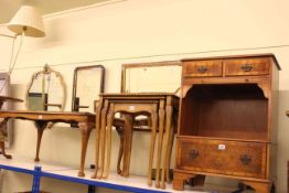 Burr and mahogany three drawer side cabinet, nest of three burr walnut tables,