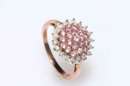 9 carat gold diamond and gem set (possibly pink tourmaline) cluster ring, size P.