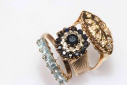 9 carat gold seven stone aqua ring, Victorian diamond set ring, and, 9 carat gold,