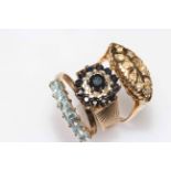 9 carat gold seven stone aqua ring, Victorian diamond set ring, and, 9 carat gold,