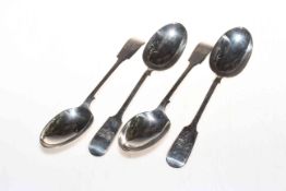Set of four Edwardian silver fiddle pattern tablespoons, London 1905.