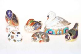 Six Royal Crown Derby paperweights including Kingfisher and Catnip Kitten.