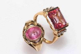 Two 14k gold gem set rings with pink (tourmaline?) stones.