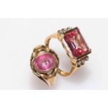 Two 14k gold gem set rings with pink (tourmaline?) stones.