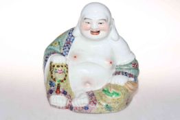 Chinese large laughing Buddha wearing colourful robe, impressed mark, 24cm.