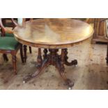 Victorian burr walnut oval loo table raised on four turned pillars to four scrolled legs,